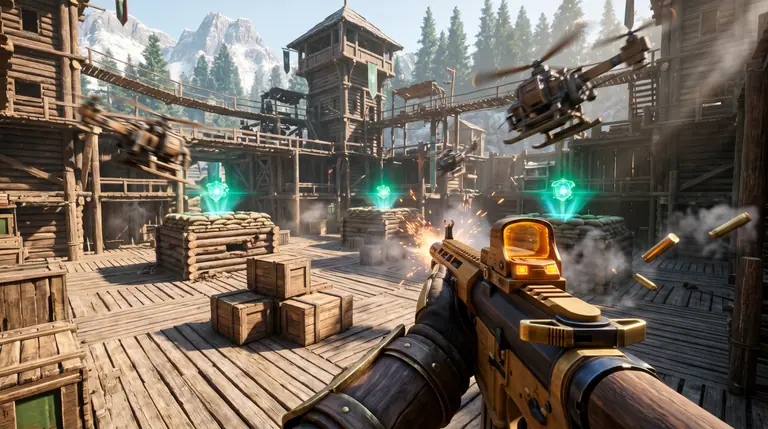 First-person view holding a custom spruce-and-brass tactical carbine aimed toward glowing capture beacons in a sunlit timber courtyard.