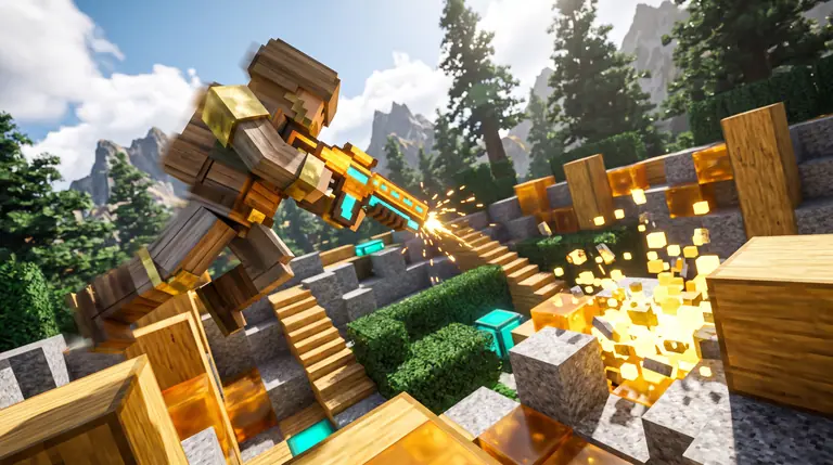 A blocky voxel ranger leaping across cubic Sitka spruce pillars and amber-resin blocks in a sunlit geometric arena.
