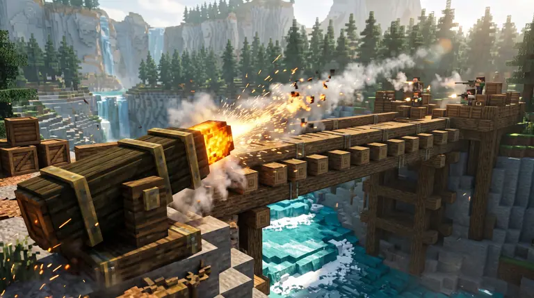 A voxel-crafted spruce and brass rocket launcher firing a trail of golden sparks across a cubic timber bridge over a mountain gorge.