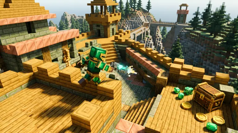A blocky emerald-and-brass sentinel vaulting over a cubic spruce battlement beside glowing emerald gems and golden coins.