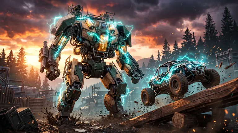 Towering bipedal combat mech armoured in spruce plates and glowing amber cores striding beside a jumping all-terrain buggy in an alpine valley.