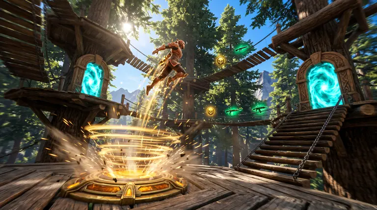 A sunlit multi-level timber arena featuring a glowing brass bounce pad, swirling cyan teleporter arches, and floating golden skull pickups.