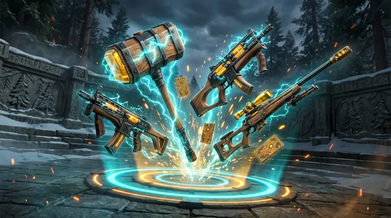 Four distinct hero weapons and glowing carved-spruce ability cards hovering above an illuminated capture ring in a boreal courtyard.
