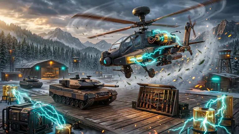 Combined-arms alpine airfield with an angular attack helicopter banking over a heavy battle tank and an open weapons rack on a timber helipad.