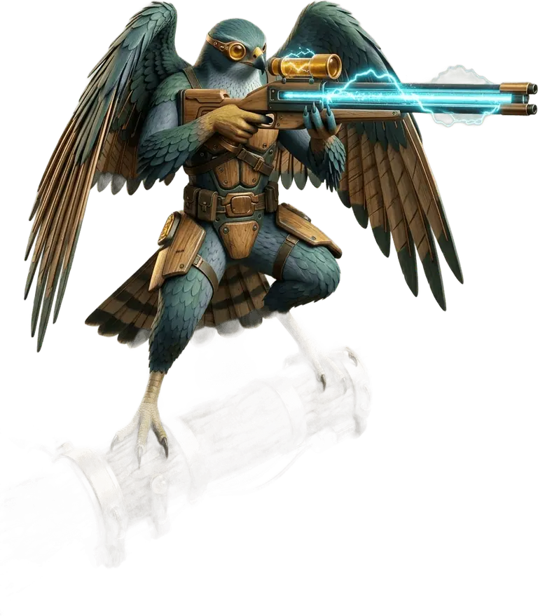 Blitzira Kestrel poised with her electro-resin rail-rifle and laminated spruce wing-pinions.