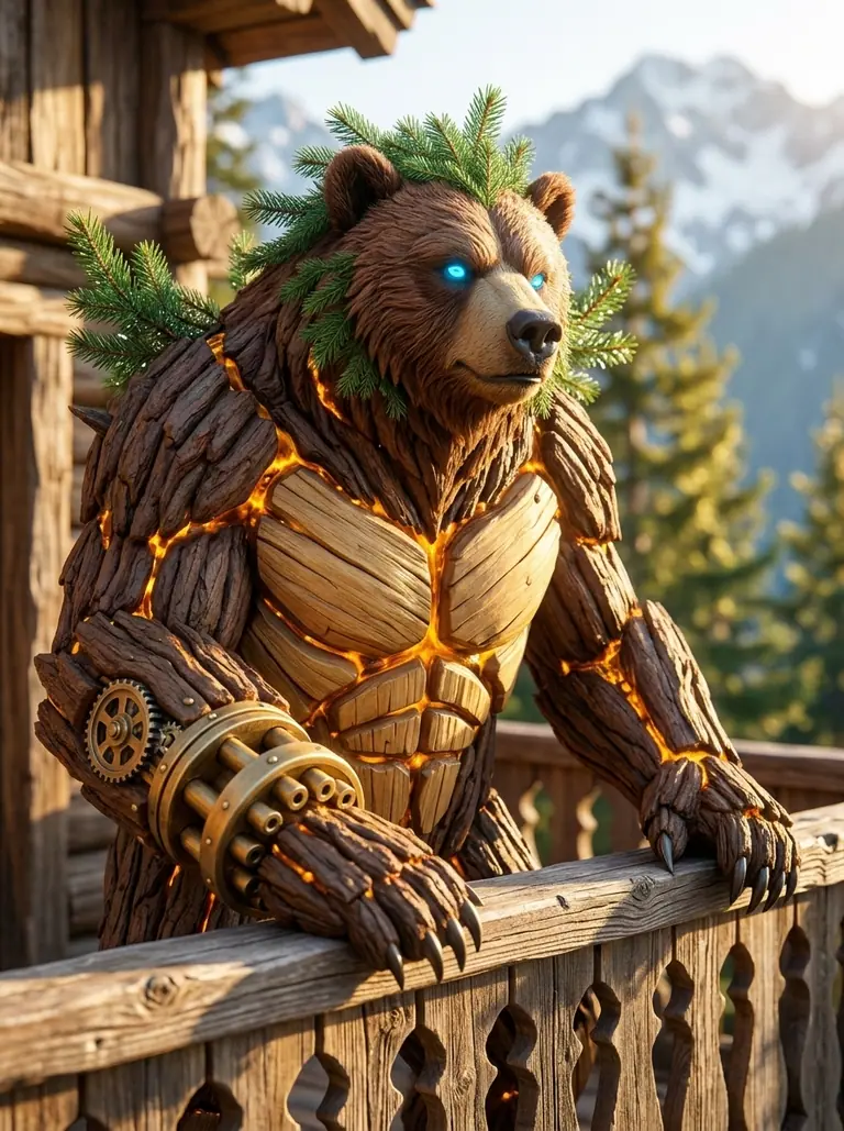 Portrait of Sprukor Vael, the eleven-foot Sitka spruce and amber-resin grizzly vanguard, standing on a sunlit timber balcony.