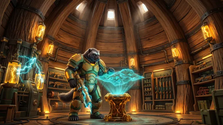 Vanguard Sprukor Vael inspecting a glowing topographical hologram of canopy firing ranges inside a vaulted Sitka spruce heartwood armoury.