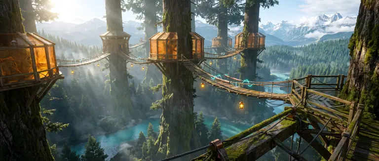 Panoramic view of giant Sitka spruce trees linked by golden timber sky-bridges, amber blast walls, and cyan lightning conduits in the Rockies.